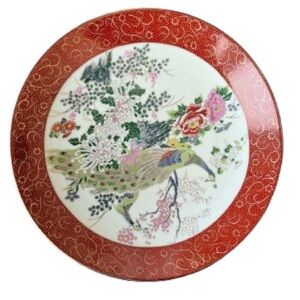 Vintage Satsuma Japanese Double Peacock & Peony Hand-Painted Porcelain Plate